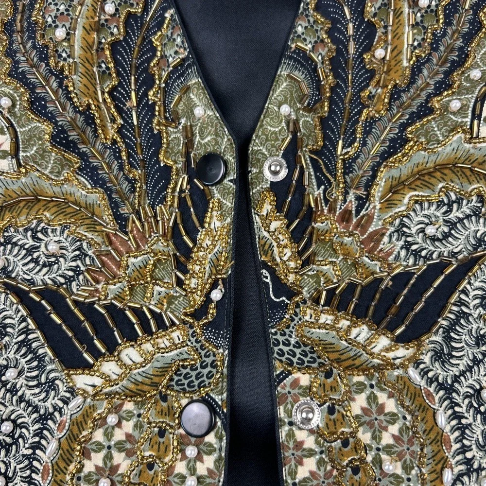 Vtg Dalin Waistcoat Vest Plus Sz 1X Beads Pearls Gold Black Olive Paisley Floral - Picture 8 of 9